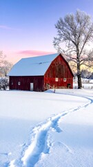 A snow-covered red barn at dawn.  A tranquil winter scene