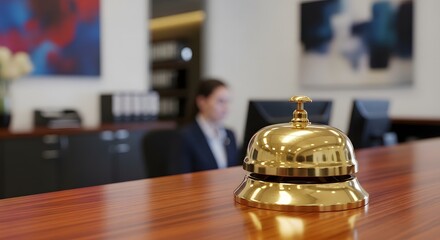 Hotel reception desk with golden bell and receptionist in background.