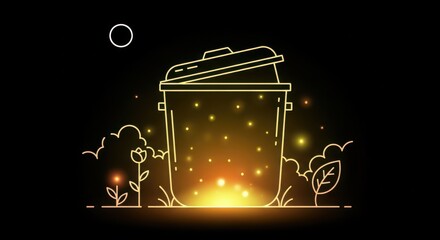 Photo of stylized illustration of a glowing trash can or bin with a lid, surrounded by magical sparkles, plants, and clouds against a dark background, symbolizing recycling or waste management