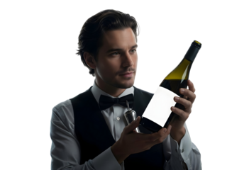 Wine Bottle Tasting Sommelier Service: Confident Professional Server Holding Beverage Container. Elegant Drink Presentation Wine Expert Restaurant