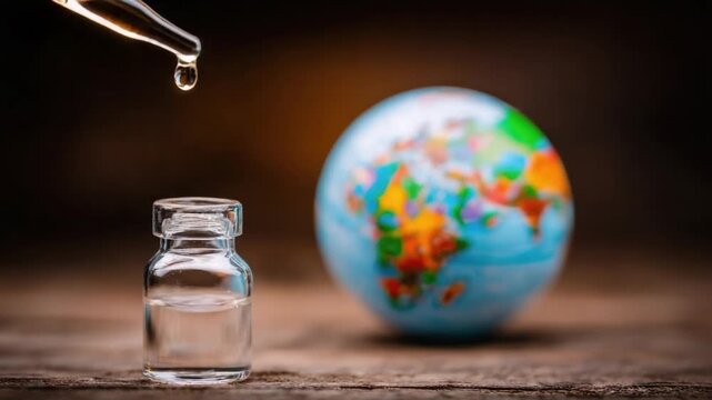 Science & Earth: A precise drop of liquid suspended above a glass vial, positioned thoughtfully next to a miniature globe, evoking themes of scientific discovery and global awareness.