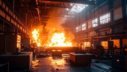 Massive Industrial Fire Raging Inside Factory Building with Smoke and Flames