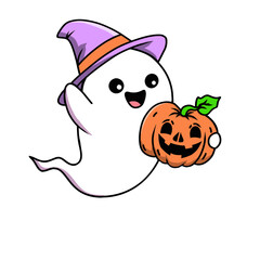 Cute Halloween ghosts and pumpkins. Simple Halloween ghost cartoon illustration. Halloween cartoon clip art illustration. 