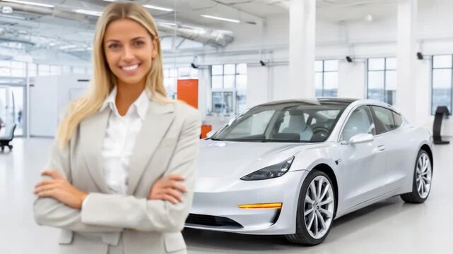 Elegant Saleswoman and Luxurious Sedan: A poised and elegant saleswoman stands beside a sleek silver sedan inside a modern car showroom. The car showcases sophistication and automotive innovation. 