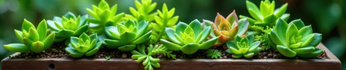 Obraz premium Close-up of ferns and succulents in wooden planter, greenery, wooden planter, plant arrangement