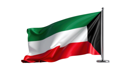 A digitally rendered image of the waving Kuwait flag against a black background, featuring vivid colors and a metallic flagpole.