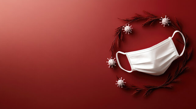 Surgical face mask combining with pine branches and red berries creating a festive Christmas wreath, surrounded by virus cells, representing health and safety during holiday season - Powered by Adobe