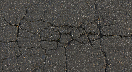 Obraz premium Cracked Asphalt Pavement Texture Detailed Surface with Fractures, Imperfection, Damage, and Black Road Texture.