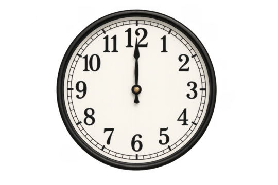 Analog clock showing twelve o'clock, deadline concept