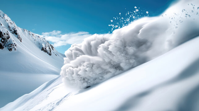 Massive snow avalanche racing down steep mountain terrain, generating massive powdery cloud against bright blue sky backdrop, revealing raw mountainside destructive power