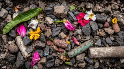 Obraz premium Colorful Flower Petals and Stones on a Rustic Ground Surface