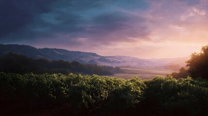 Naklejka premium Scenic vineyard landscape with rolling hills under a dramatic twilight sky bathed in warm light
