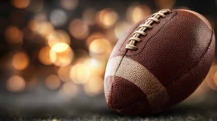 Close-up of classic brown american football lying on fresh green grass with sunlight highlighting texture for sports training, athletic practice, and team game concept