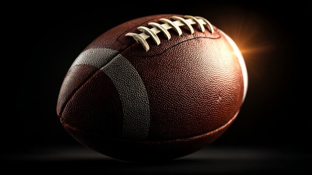 Close up of brown leather american football ball illuminated on dark black background for sports training, athletics, competition, and team strategy concepts - Powered by Adobe