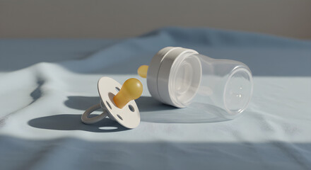 A baby's pacifier and a clear plastic bottle lie on a blue cloth.
