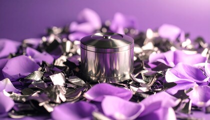 Metal Container Surrounded by Purple Petals and Shiny Fragments on a Purple Background