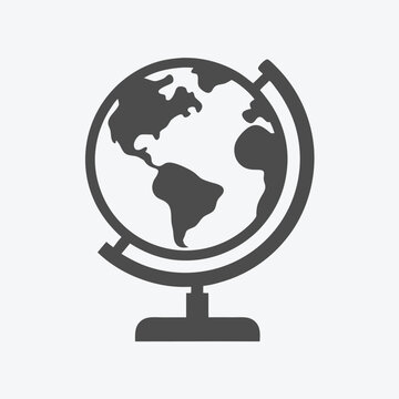 Isolated grey globe icon shows continents and world map in a solid vector