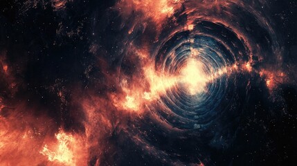 A swirling, fiery tunnel in space with a bright light at the end.