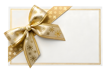 White gift voucher with gold ribbon and bow on transparent background
