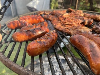 Grilled meat and sausages cooking on outdoor barbecue grill over hot coals. Summer picnic, camping, and food concept with delicious smoky flavor and rustic atmosphere.