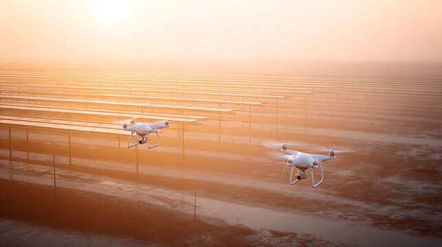 Two drones flying over an agricultural field during sunrise