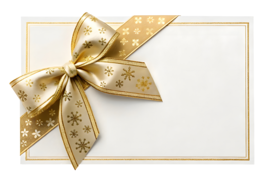 White gift voucher with gold ribbon and bow on transparent background - Powered by Adobe