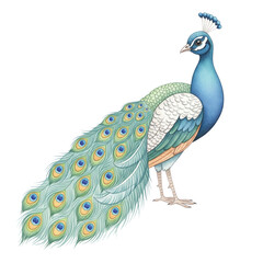 Obraz premium Peacock in blue-green body, long iridescent tail feathers with “eye” patterns