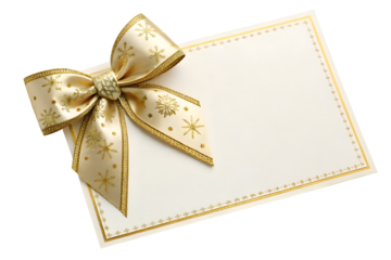 White gift voucher with gold ribbon and bow on transparent background