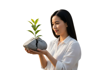 Resilience Growth Concept Young Woman Holding Broken Rock with Plant Emerging Future Hope Sustainable Living Environmental Stewardship and Optimism