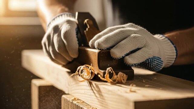 Carpenter using hand plane on wood plank with safety gloves in workshop close up view showing shavings