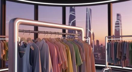 Photo of modern clothing store interior with racks of colorful garments displayed against a backdrop of a futuristic city skyline at sunset, showcasing fashion retail and urban lifestyle