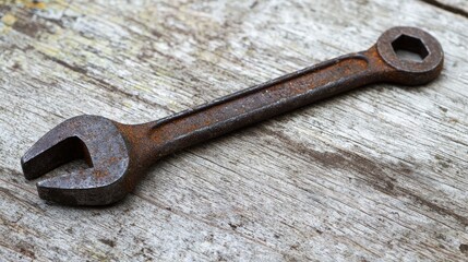 An old, rusted wrench on a weathered wooden surface.