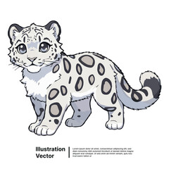 Cute cartoon snow leopard standing, illustrated with a playful and adorable expression on a white background