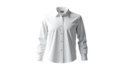 A pristine white, long-sleeved dress shirt is displayed against a solid black background, showcasing its smooth texture and classic design.