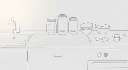 Photo of simple line drawing of a kitchen counter with a sink, faucet, jars, and a pot on a stove, representing a minimalist illustration of a domestic cooking space
