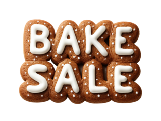 Gingerbread letters spelling bake sale for fundraising event on a transparent background, cut out