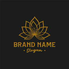 Elegant golden lotus flower logo design with the brand name and slogan on a black background.