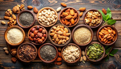 Activated Nuts and Seeds Board. A top-down view of a rustic wooden board artfully arranged with different types of raw, activated nuts and seeds in small ceramic bowls.
