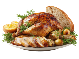 Roasted chicken with vegetables and cornbread for holiday dinner on a transparent background, cut out