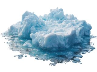 Iceberg floating in clear blue water under bright sunlight on a transparent background, cut out