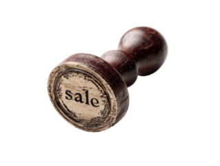 Vintage wooden stamp with sale text for business promotions on a transparent background, cut out