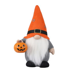 Halloween gnome holding a pumpkin decoration on transparent background