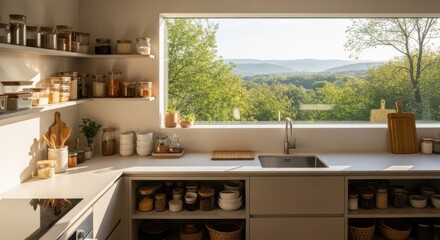 Photo of a bright and airy modern kitchen with a large window overlooking a lush green landscape, showcasing organized shelves filled with jars and ingredients