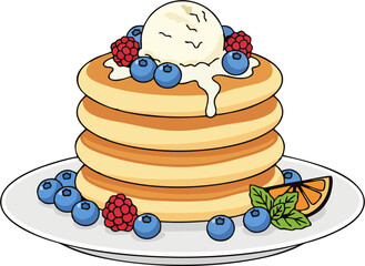 Blueberry Pancakes Stack Vector with Ice Cream – Dessert Breakfast Cartoon Plate, Berries, Mint, and Orange Slice