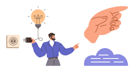 Man holding plug near bulb, hand pointing at ideas, cloud symbolizing innovation, communication, teamwork. Ideal for creativity, technology, brainstorming, problem solving decision making