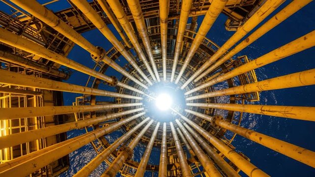 Worm eye view of yellow pipes converging towards a bright light in the middle at night time