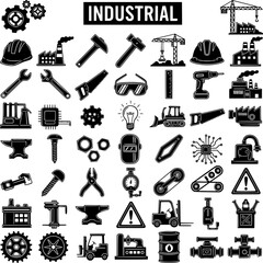 Industrial and Engineering Icons Set: Tools, Factory, Construction, Manufacturing Equipment, Machinery, Safety, and Mechanical Elements