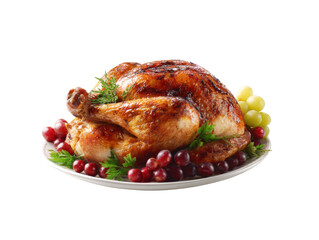 Thanksgiving turkey with grapes and cranberries on a serving platter on a transparent background, cut out