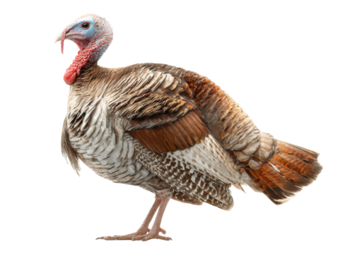 Domestic turkey standing elegantly against simple backdrop on a transparent background, cut out