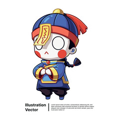 Whimsical Illustration of a Cartoon Character in Traditional Chinese Attire with a Playful Expression